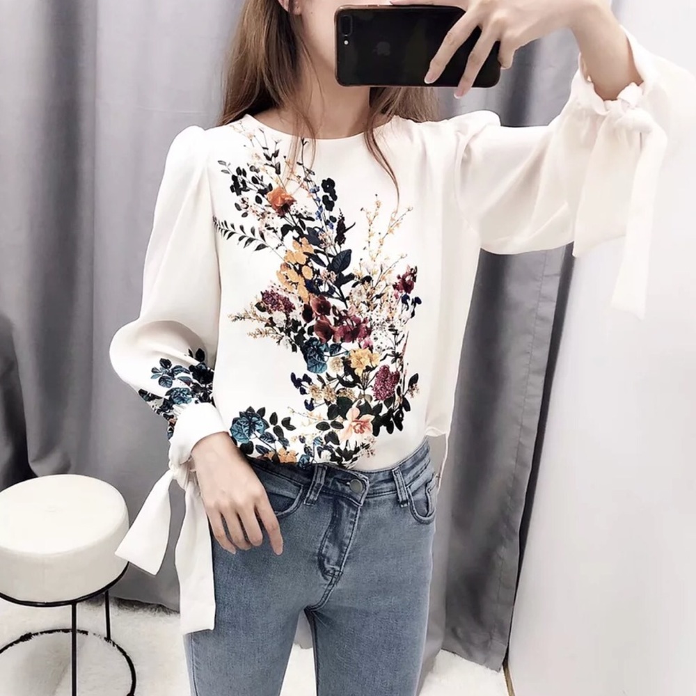Floral Blouse with Tie Cuffs